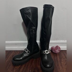 Aldo Black Leather Knee-High Boots with Chain Detail